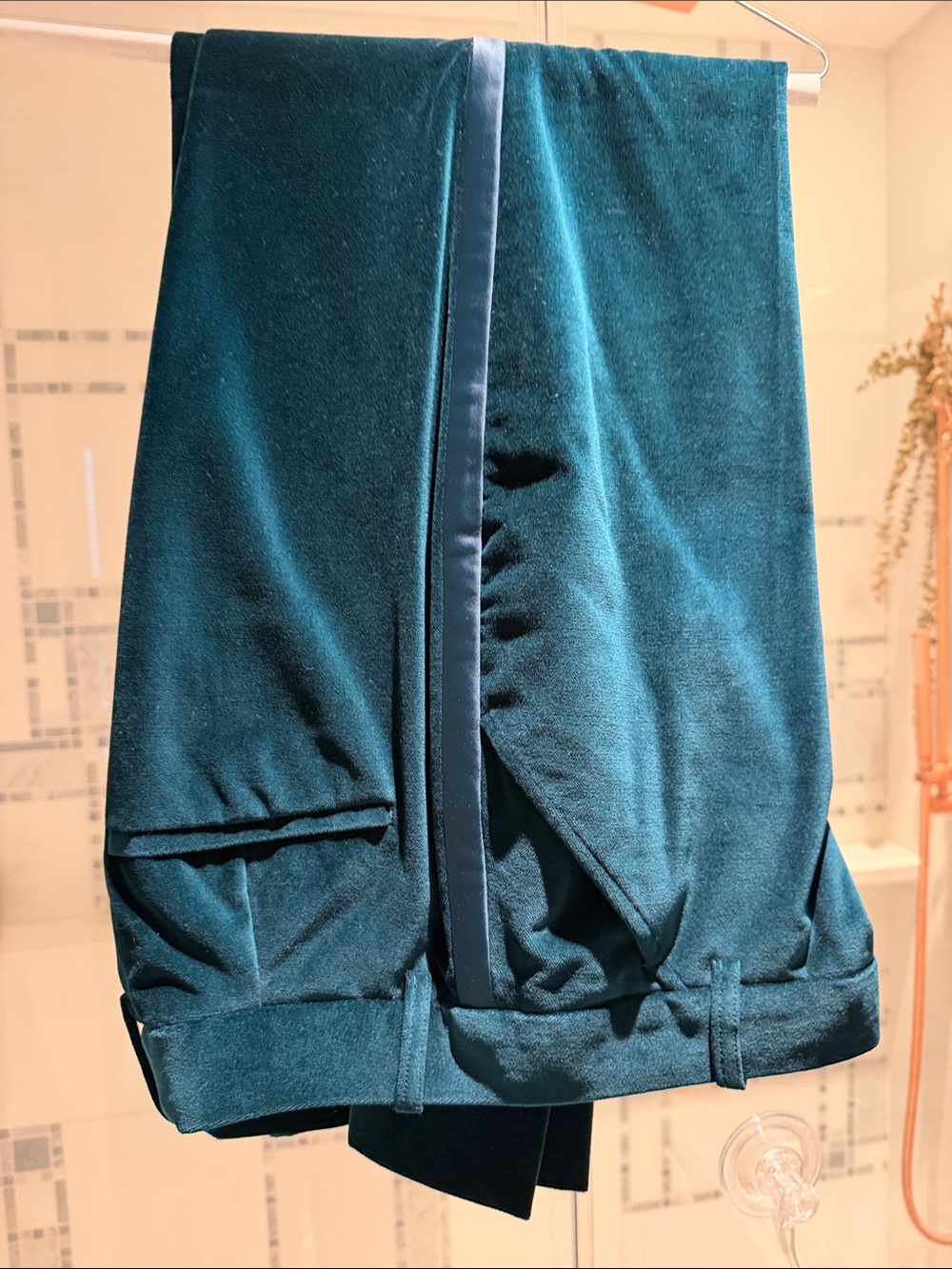 Reiss Teal Velvet Trousers with Satin Stripe